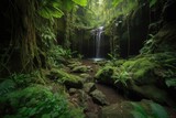 lush jungle landscape with waterfall cascading over rock formations, created with generative ai