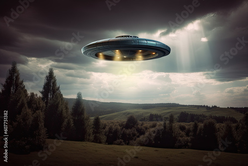 unidentified flying object, UFO over forest in the morning, science fiction concept Generative AI