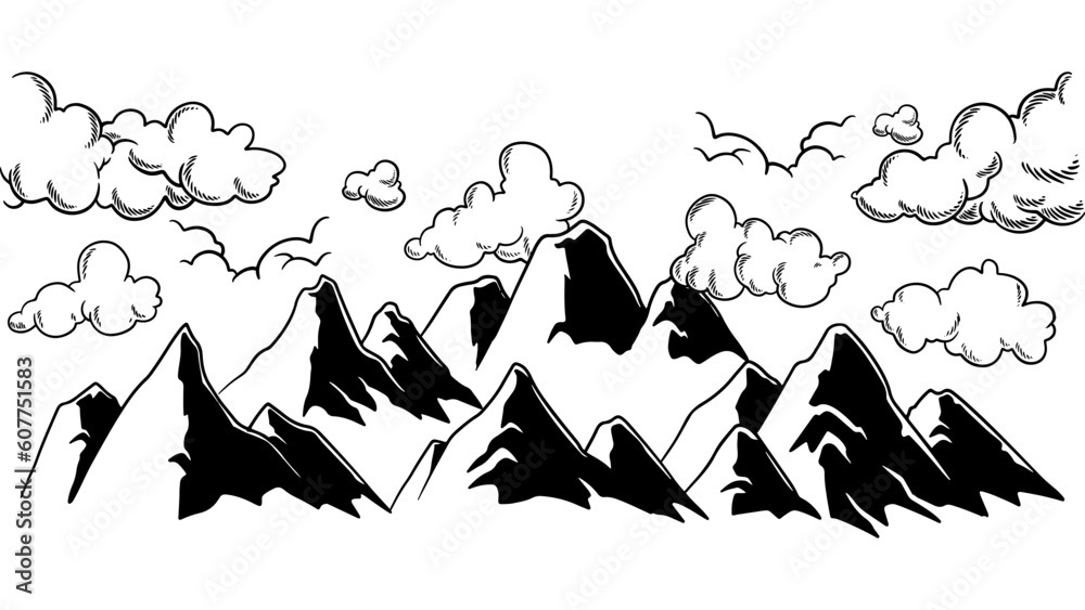 Vintage mountain vector illustration. Glacier black landscape drawing.
