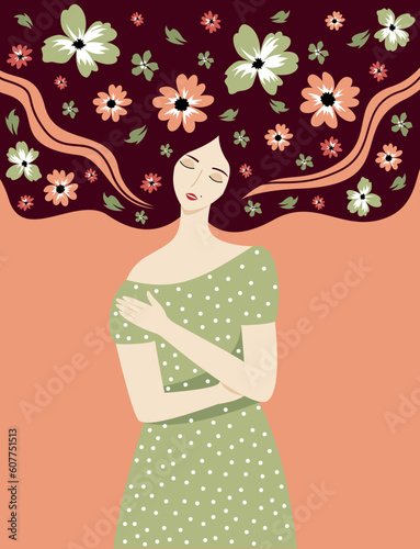 Vector illustration of a tender girl with flowers in her hair. The image is suitable for print on clothes, postcards, banners. Background for the concept of beauty, women's health.