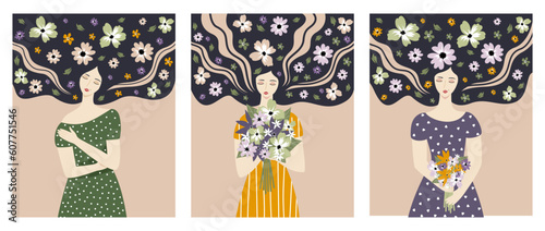 Set of vector illustrations of girls with bouquets of flowers and flowers in their hair. Image for print on clothes, postcards, banners. Background for the concept of beauty, women's health.