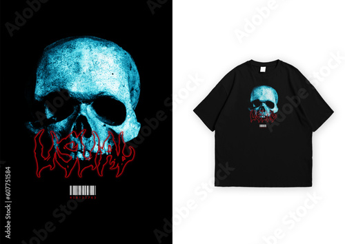 streetwear black t-shirt design with skull and typography