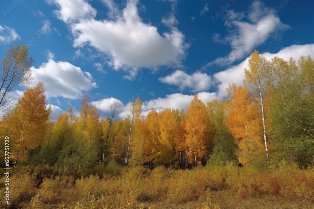 autumn forest with clear blue sky and fluffy clouds, created with generative ai autumn forest with clear blue sky and fluffy clouds, created with generative ai