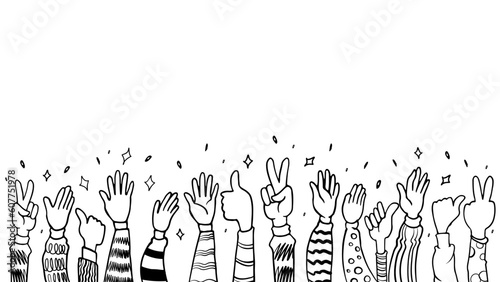 hand drawing of hands up, clapping ovation. applause, thumbs up and peace gesture on doodle handdrawn style , vector illustration, cartoon black white background.