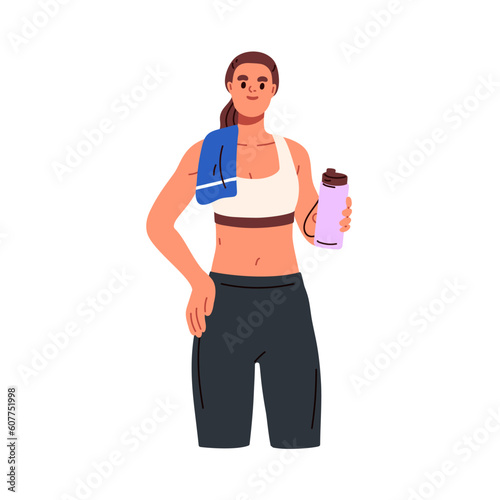 Sport woman holding water bottle in hand. Young girl in sportswear portrait, standing with drink tumbler, towel on shoulder during gym workout. Flat vector illustration isolated on white background