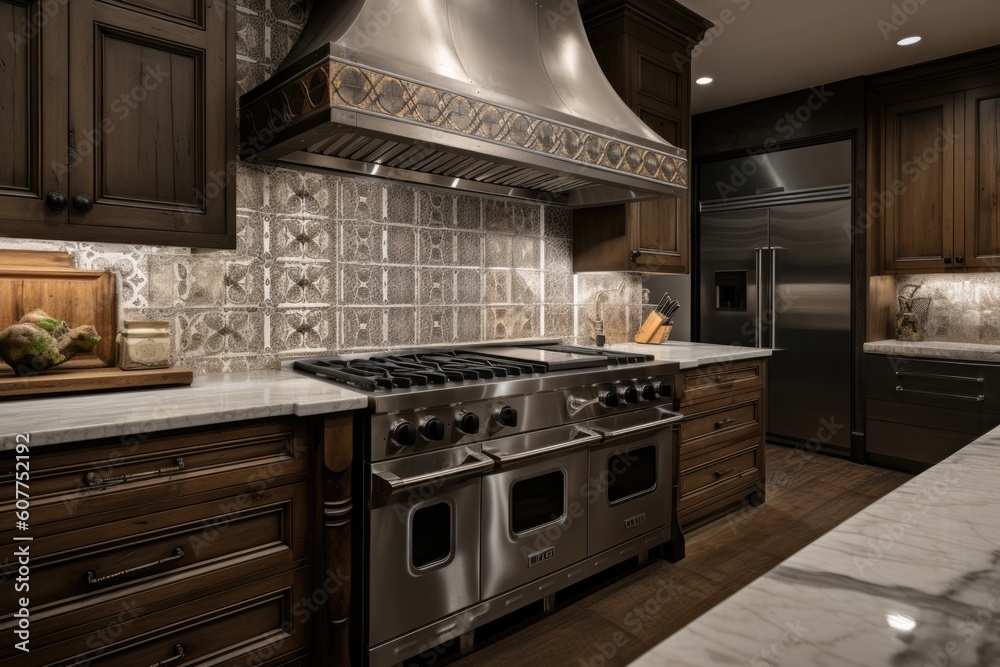 custom-built cooking station with stovetop, range hood, and prep area for chef to prepare meals, created with generative ai custom-built cooking station with stovetop, range hood, and prep area for chef to prepare meals, created with generative ai