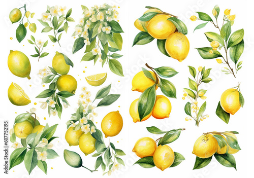 A set of illustrations in a watercolor style: flowers and lemon fruits on branches, generated by AI