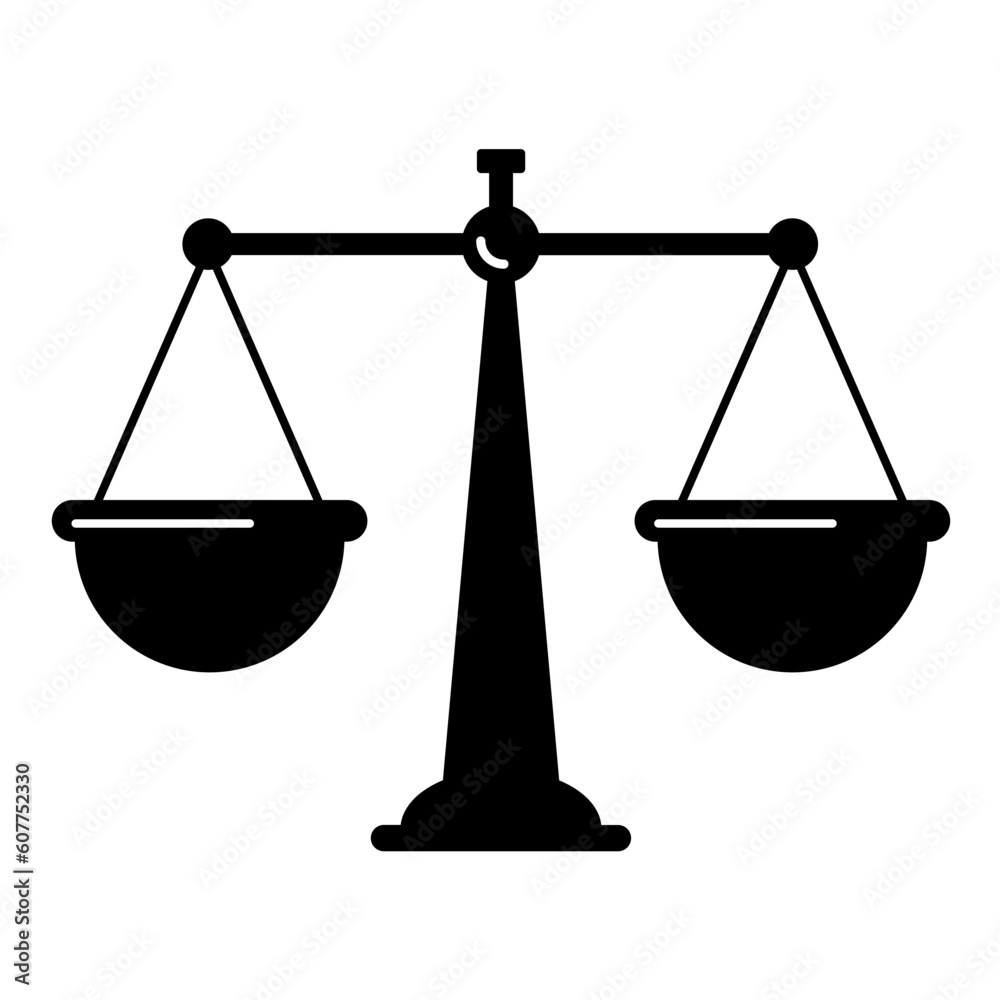 Scale icon for weighing. Symbol of justice. Black icon. Scale icon for weighing. Symbol of justice. Black icon.