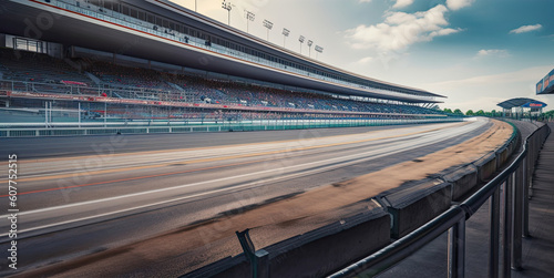 Empty curve of racing track with crowds of people on grandstand, waiting for race final Generative AI