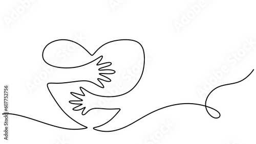 hands embracing heart with love vector illustrator, continuous one line drawing of hug love symbol. photo