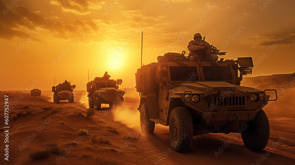 Military and helicopter troops on the way to the battlefield at sunset. The convoy, a collection of military jeeps, trucks, and helicopters, moves like a river of steel against the dusty terrain