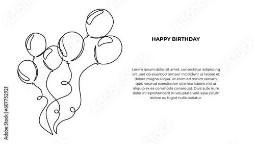 Birthday balloons flying one line drawing, continuous hand drawn contour art.