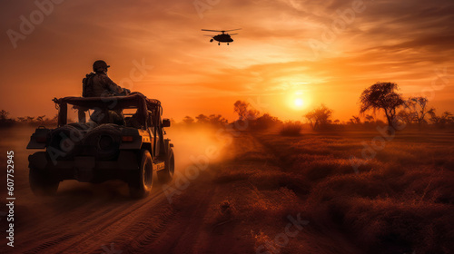 Military and helicopter troops on the way to the battlefield at sunset. The convoy  a collection of military jeeps  trucks  and helicopters  moves like a river of steel against the dusty terrain