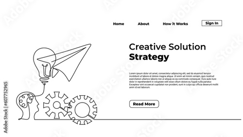 Continuous line drawing paper plane, mind, and bulb. Creative solution strategy landing page vector.