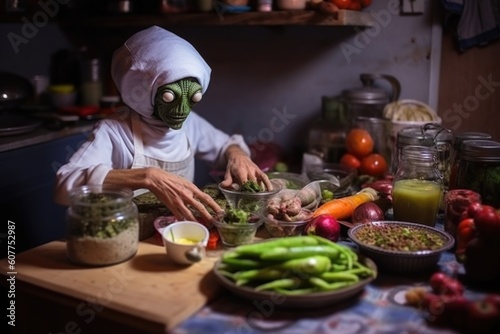 close-up of alien chef, preparing local delicacies for festival feast, created with generative ai