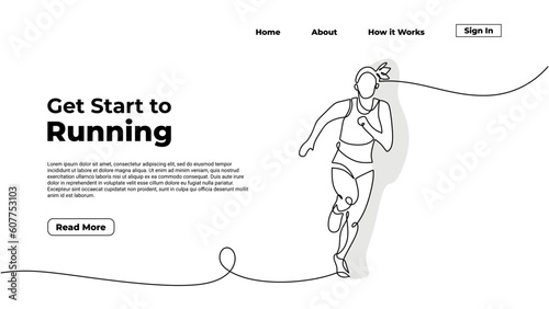 Continuous one line drawing girl jogging. People athlete run illustration. Fitness human health theme sketch. Happy energy from active marathon person. Vector illustration minimalist.