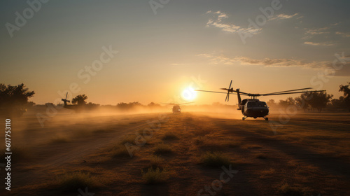 Military and helicopter troops on the way to the battlefield at sunset