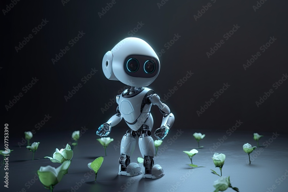 small, happy, white robot with rose, modern congratulations concept Generative AI small, happy, white robot with rose, modern congratulations concept Generative AI