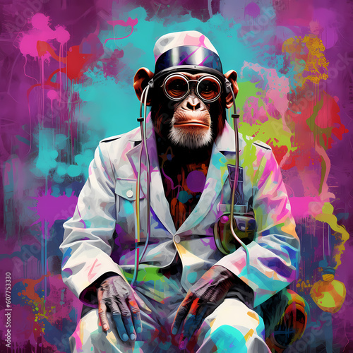 Colourful abstract digital art image portraying a chimp dressed and acting like a doctor. Generated AI