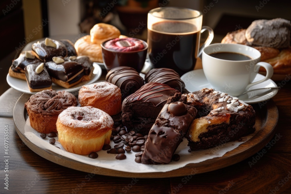 plate of chocolate cakes and pastries with coffee for breakfast, created with generative ai plate of chocolate cakes and pastries with coffee for breakfast, created with generative ai