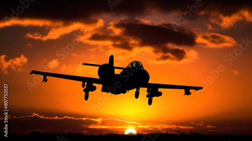 ilhouette of military attack aircraft against a vibrant sunset. The sleek profile of the aircraft is powerfully outlined against the backdrop of a sun setting in a riot of colors