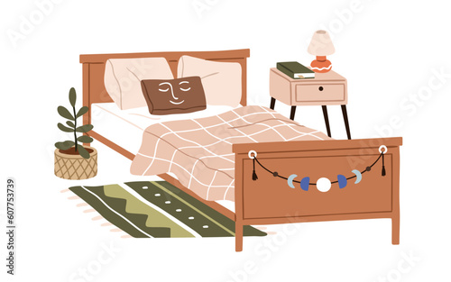 Cozy single bed in modern home bedroom interior. Comfortable pillows, cushions, duvet, blanket, lamp and book on nightstand, rug, potted plant. Flat vector illustration isolated on white background