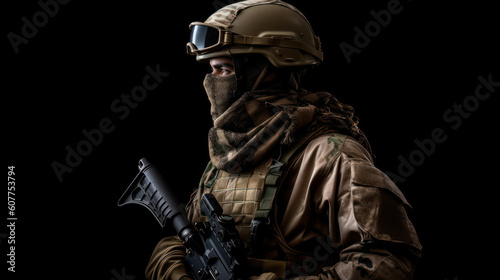 Army soldier in Combat Uniforms with assault rifle, plate carrier and combat helmet, with a Shemagh Kufiya scarf on his neck against a dark background