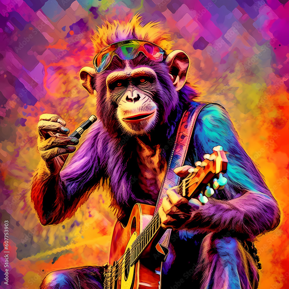 Colourful abstract digital art image portraying a monkey dressed and acting like a rock singer. Generated AI