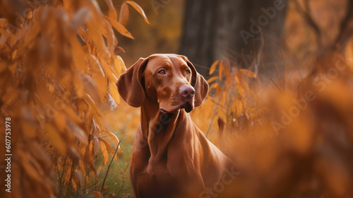 Hungarian hound pointer Vizsla dog in the field during autumn time, its russet-gold coat blending seamlessly with the fall leaves around it photo