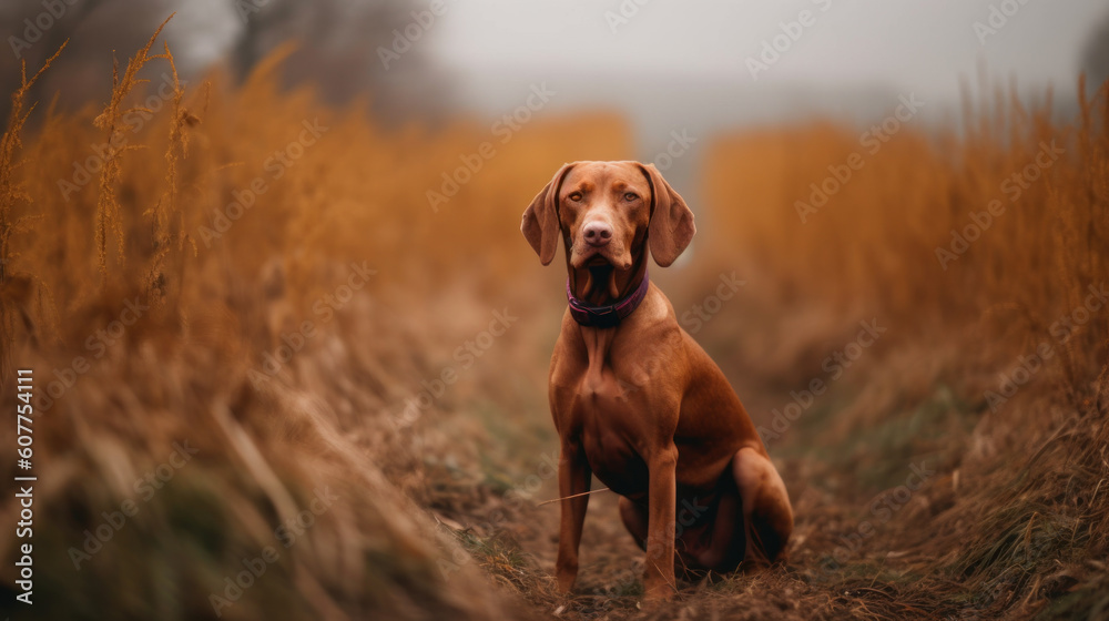 Hungarian hound pointer Vizsla dog in the field during autumn time, its russet-gold coat blending seamlessly with the fall leaves around it Hungarian hound pointer Vizsla dog in the field during autumn time, its russet-gold coat blending seamlessly with the fall leaves around it