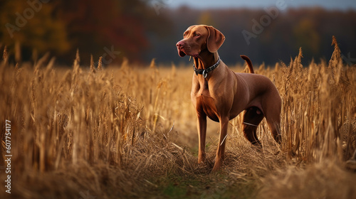 Hungarian hound pointer Vizsla dog in the field during autumn time, its russet-gold coat blending seamlessly with the fall leaves around it