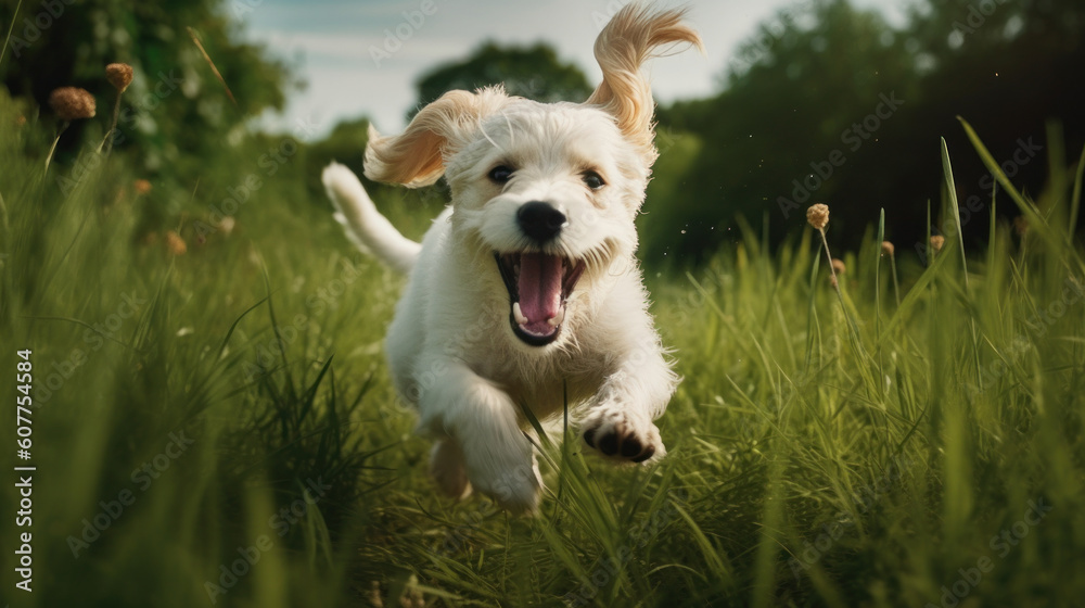 Happy pet dog puppy frolicking in the grass, a picture of pure bliss as it dashes across the verdant field - obrazy, fototapety, plakaty 