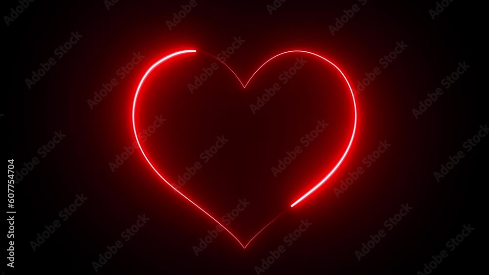 Neon Heart Red Isolated On Black Background. Neon Heart Border Seamless Loop. Neon Heart Red Isolated On Black Background. Neon Heart Border Seamless Loop.