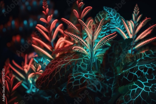 close-up of neon plant with intricate details visible, created with generative ai