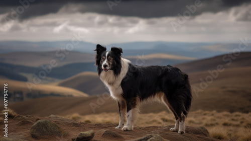 Border Collie standing against a sweeping landscape, its majestic stance exuding a captivating aura of alertness and athleticism