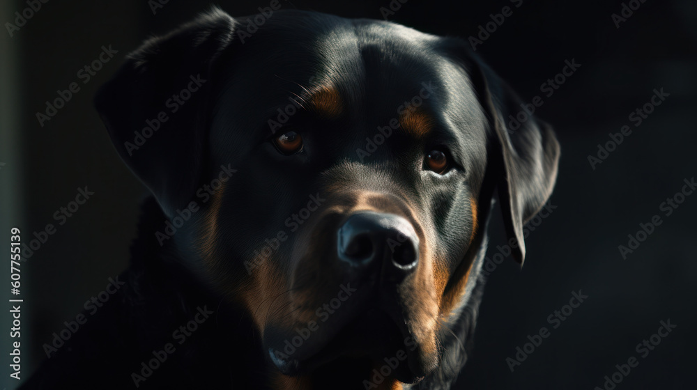 A Rottweiler, its dark coat gleaming under the soft sunlight, radiating an aura of bravery and strength A Rottweiler, its dark coat gleaming under the soft sunlight, radiating an aura of bravery and strength