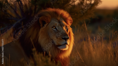 A majestic lion  its golden mane illuminated by the fiery African sunset