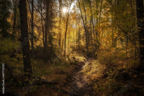 autumn forest hike with low sun rays shining through the trees, created with generative ai
