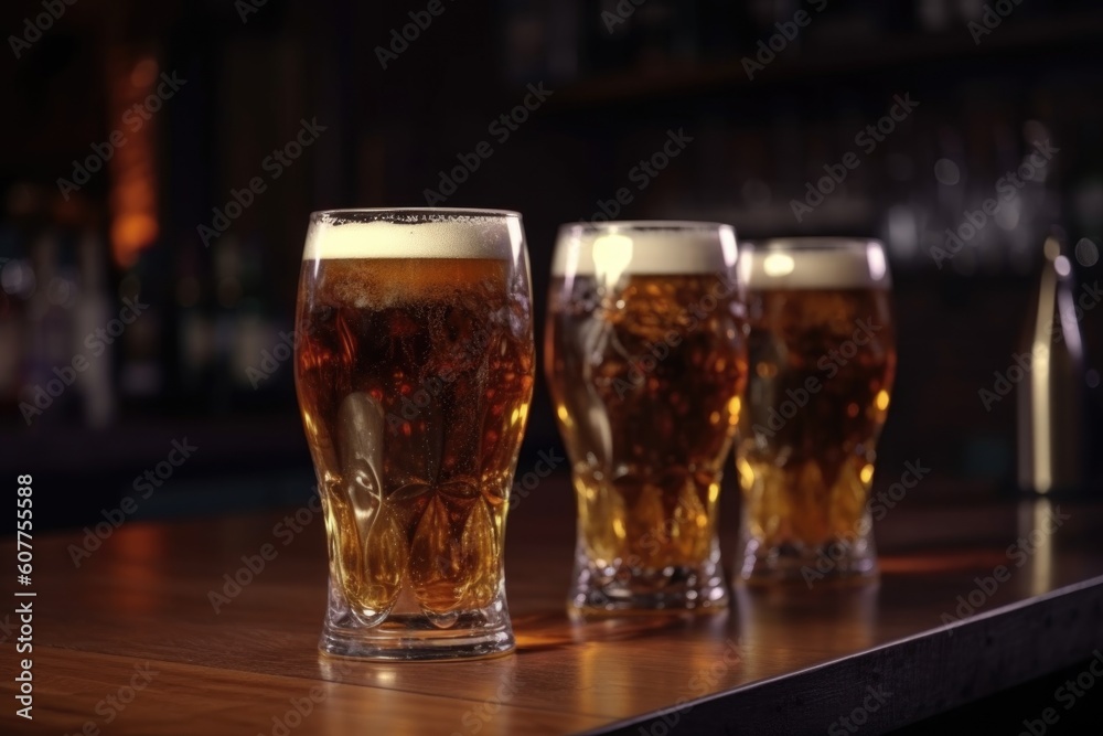 stack of glasses filled with draught beer, ready to be served at the bar, created with generative ai