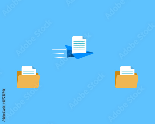 Fast file transfer concept with paper plane moving file frome folder to folder. Files folder and paper plan vector illustration