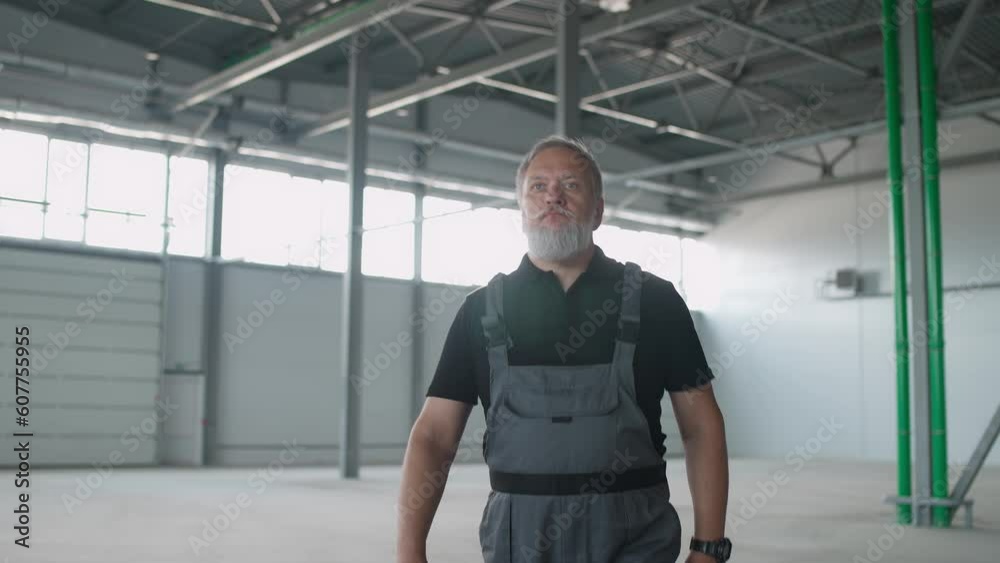 An adult gray-haired man worker walks through the warehouse, a working engineer walks through the territory of an empty logistics warehouse, cinematic lighting.