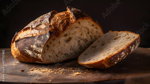 Freshly Baked Loaf on the Table Sourdough Golden Crust Delight The aroma of warm, freshly baked bread fills the air, enticing you to savor every moment 