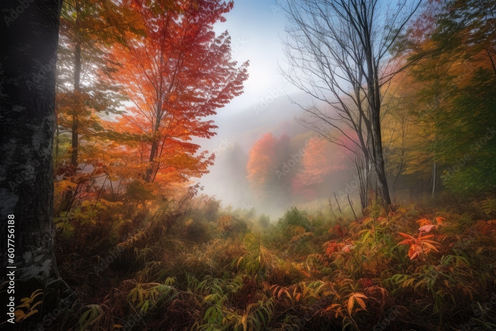 magical moment, with mist rising from the forest, and colorful autumn leaves peeking through, created with generative ai magical moment, with mist rising from the forest, and colorful autumn leaves peeking through, created with generative ai