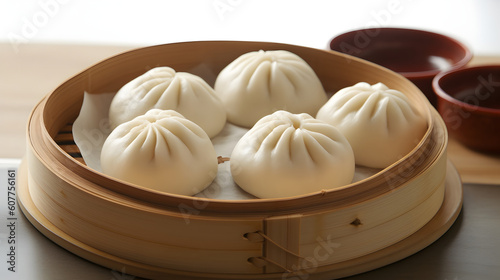 Chinese steamed dumplings in Rattan Basket Steaming Delights taste of authentic Chinese cuisine with our captivating stock photo showcasing steaming Chinese soup dumplings nestled in a charming rattan