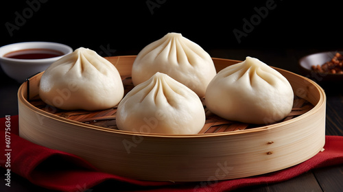 Chinese steamed dumplings in Rattan Basket Steaming Delights taste of authentic Chinese cuisine with our captivating stock photo showcasing steaming Chinese soup dumplings nestled in a charming rattan © justin
