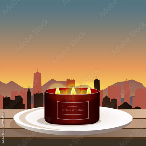 a candle in a bard-colored glass with the city of new york as its backdrop