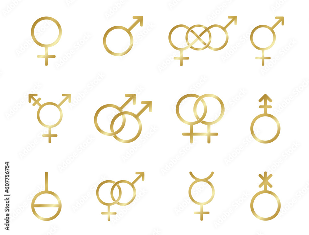 Set of golden gender and lgbtq+ icons including bisexual, gay, lesbian, transgender, gender fluid, male and female symbols for pride month. Set of golden gender and lgbtq+ icons including bisexual, gay, lesbian, transgender, gender fluid, male and female symbols for pride month.