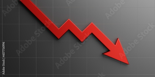Red 3d arrow down graphic icon sign on decrease economic web background with loss business chart symbol or crisis marketing inflation price low bankrupt investment and sales target economy recession