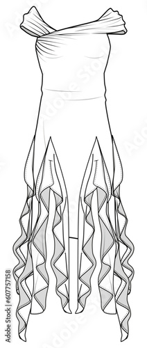 Bardot Off The Shoulder Frilled Dress, Party Dress Fashion Illustration, Vector, CAD, Technical Drawing, Flat Drawing, Template, Mockup.