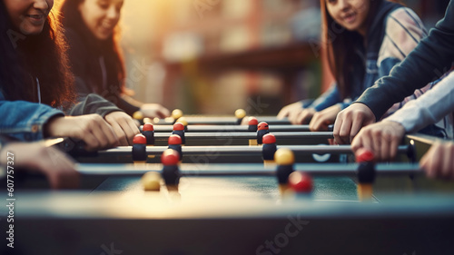 Foto Cropped image of young people playing foosball while resting outdoors